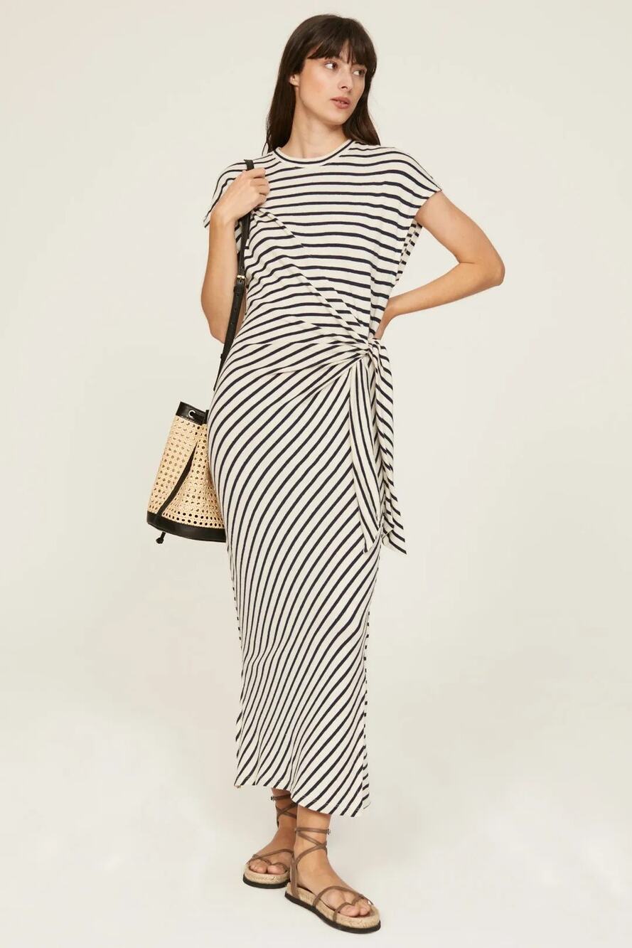 Apiece Apart Vanina Dress Cap Sleeve Tie Waist Maxi Sheath Navy Cream Stripe XS
